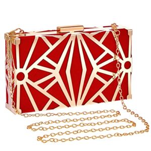 Red Clutch Purses for Women Vintage Evening Bag Geometric Clutch Bag Wedding Guest Purse Red Handbag Velvet Metal Hollow out Handbags for Bridal Prom Wedding Party