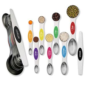 Magnetic Measuring Spoons Set Dual Sided | Stainless Steel Magnetic Spoons | Stackable Teaspoons and Tablespoons | Double Sided Measuring Spoons Set with Leveler by LAH KITCHEN