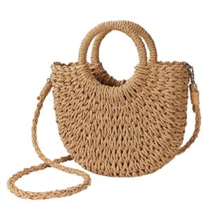 Womens Small Straw Crossbody Handbag Handmade Woven Shoulder Bag Purse for Summer (Brown)