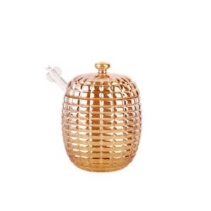 8 OZ Transparent Honey Jar with Dipper and Lid Glass Beehive Style Honey Pot for Home Kitchen Honey and Beehive Container (Dipper, Gold)