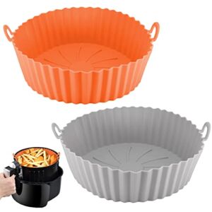 Anlige 2 Pack 8 Inch Air Fryer Silicone Liners, Silicone Air Fryer Basket, Pot Suitable for Insert 3 to 6 Qt Airfryer, Reusable Round Baking Tray Oven Accesories(Orange | Gray)