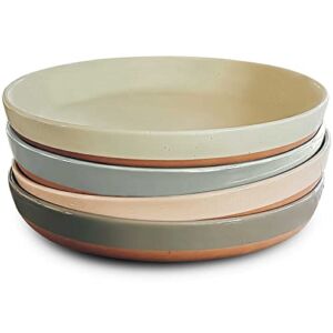 Mora Ceramic Flat Pasta Bowl Set of 4 – 35oz, Microwave Safe Plate with High Edge – Modern Porcelain Dinnerware for Kitchen and Eating, Large Wide Bowls/Plates for Serving Dinner, Salad, etc- Neutrals