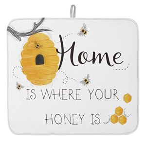 Dish Drying Mat for Kitchen Counter, Farm Branch Honey Bee Dish Mat Drying Kitchen Mat for Sink Fridge Drawer Absorbent Dishes Drainer 18″x24″ Text Home is Where Your Honey Is