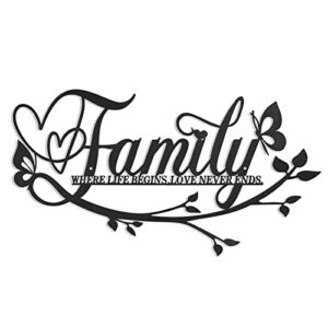 Family Where Life Begins Love Never Ends Word Sign Metal Wall Decor, Black Home Decor Wall Art Decorations, Letters Quotes Sign for Living Room Bedroom Kitchen Indoor Outdoor Decor(17.5 x 9in) (Black)