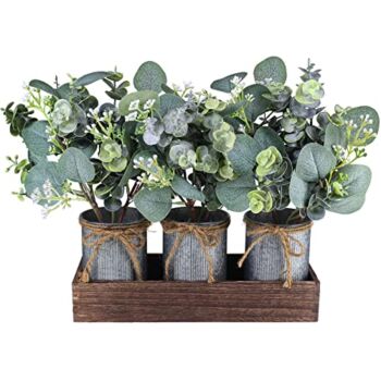 Set of 3 Farmhouse Galvanized Metal Pots Centerpiece Artificial Silver Dollar Eucalyptus Greenery Arrangement with Rectangle Wood Box for Table Desk Shelf Mantel Home Kitchen Indoor Decoration Gifts | The Storepaperoomates Retail Market - Fast Affordable Shopping