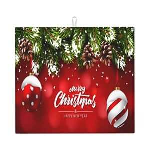 Christmas Dish Drying Mat Red for Kitchen Counter Ball Fir Branch Absorbent 16×18 Inch Microfiber Dishes Protector Dry Draining Pad Reversible Washable…