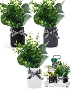 Farmhouse Mini Mason Jar Decor for Tiered Tray with Artificial Eucalyptus Leaves Small Floral Arrangement Rustic Faux Plants for Home Kitchen Office Desk Black White Accessory Small Greenery Set of 3