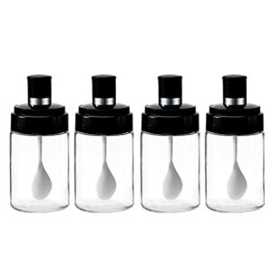 Kitchen Clear plastic Spice Jars Seasonning Box Set of 4 with Spoons, Seasoning Containers Bottles with Black Cap,10oz for Home and Kitchen (4)
