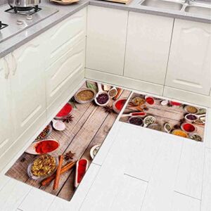 Kitchen Rugs and Mats,Herbs Spices Wooden Background,Non Skid Washable Anti Fatigue Floor Mats for Sink(52 inches X17 inches + 26 inches X17 inches )