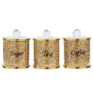 Sugarchef Sugar Flour Tea Coffee Storage Container 3pcs Crystal Lid Cookie Candy Kitchen Canisters Glass Spice Jars Crushed Diamond Home Decor,Gold (36oz)