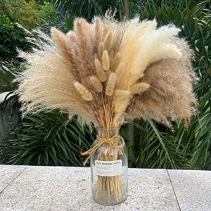 100Pcs Pampas Grass Boho Home Decor 17 inch Natural Dried Flowers-Pampas Grass Contains Bunny Tails White Pampas Brown Pampas.Boho Decor for Farmhouse Wedding Boho Wall Bathroom Office Kitchen…