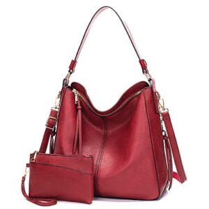 Womens Large Leather Hobo Handbag Ladies Fashion Tote Satchel Shoulder Crossbody Bags 2pcs Purses Set