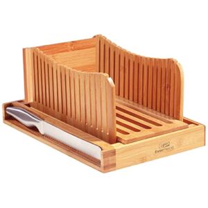 EverPiece Bread Slicer for Homemade Bread, Bamboo Bagel and Bread Slicing Guide with Crumb Tray and Knife Has 3 Thickness Settings, Folds Flat for Easy Storage with Bread Making Tools and Supplies