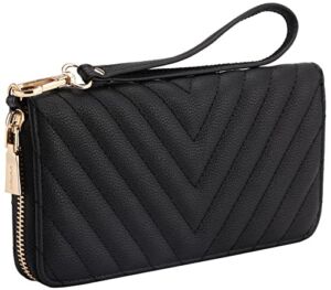 Brentano Vegan Leather Slim Single-Zipper Chevron Embroidered Wallet Clutch with Removable Wrist Strap (BLACK)