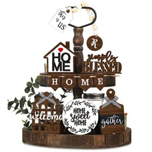 12 Pcs Farmhouse Tiered Tray Decor Set with Tray Rustic Wooden Tray Decor Home Kitchen Table Decor Signs Farmhouse Vintage Decor Wooden Shelf Signs for Fall Halloween Xmas Decor (Classic Style)