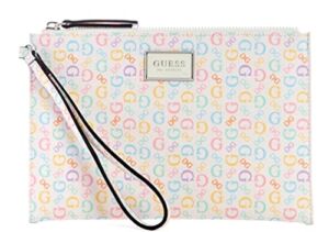 Guess Women’s Pastel Rainbow Logo Large Zip Wristlet Wallet Clutch Bag – White Multi