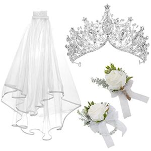 AOPRIE Corsage and Boutonniere Set Hera’s Light Tiara and Crown for Women Short Veil for Bride Flower Wristlet Band Bracelet of Wedding Accessories Man Suit Decorations Favor Gift