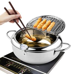 Kerilyn Deep Fryer Pot, 9.4 Inch/3.4 L Janpanese Style Tempura Frying Pot with Lid, 304 Stainless Steel with Temperature Control and Oil Drip Drainer Rack, for Kitchen French Fries, Chicken etc