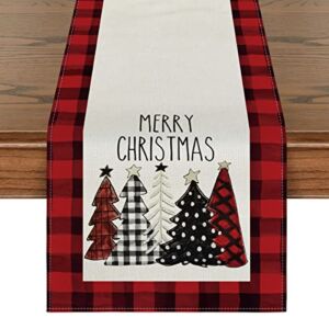 Artoid Mode Watercolor Red and Black Buffalo Plaid Christmas Trees Merry Xmas Table Runner, Seasonal Winter Holiday Kitchen Dining Table Decoration for Indoor Outdoor Home Party Decor 13 x 72 Inch