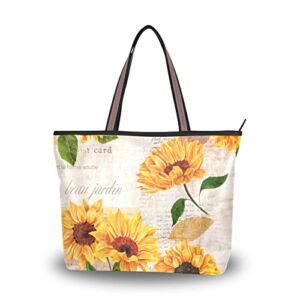 Vintage Sunflowers Tote Bag Aesthetic, Large Capacity Zipper Women Grocery Bags Purse for Daily Life 2 Sizes, Yellow