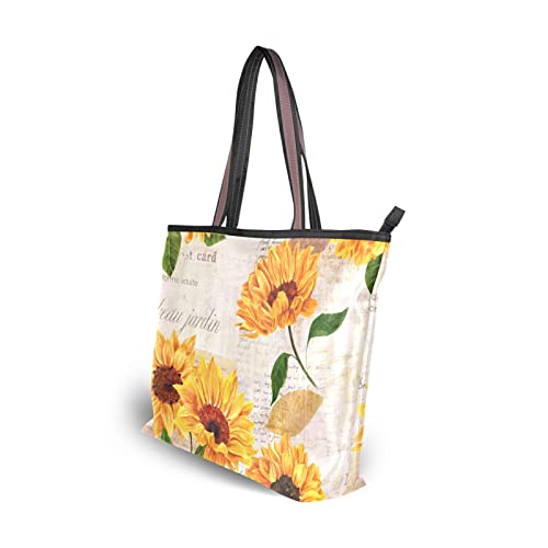 Vintage Sunflowers Tote Bag Aesthetic, Large Capacity Zipper Women Grocery Bags Purse for Daily Life 2 Sizes, Yellow | The Storepaperoomates Retail Market - Fast Affordable Shopping