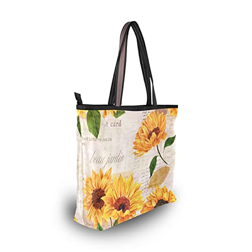 Vintage Sunflowers Tote Bag Aesthetic, Large Capacity Zipper Women Grocery Bags Purse for Daily Life 2 Sizes, Yellow | The Storepaperoomates Retail Market - Fast Affordable Shopping