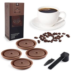 Reusable Coffee Capsule Lid for Original Vertuoline & Vertuo Capsules Pods, Food Grade Silicone Cap for Refillable Nespresso Vertuo Capsule with Scoop and Brush , 4 PCS(Brown)