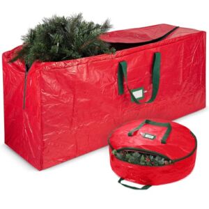 ZOBER Christmas Tree Bag & Wreath Storage Container – Holiday Decor Holders, Woven Fabric Cover, Carry Handles – Large Bags to Store 9 Ft Artificial Tree, Wreaths – Bins for Xmas Decorations, Red