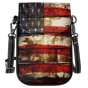 4th Of July American Flag Small Crossbody Bags for Women, Wooden American Flag Leather Cell Phone Bag Phone Purse Wallet with Card Slots & Zipper & Strap