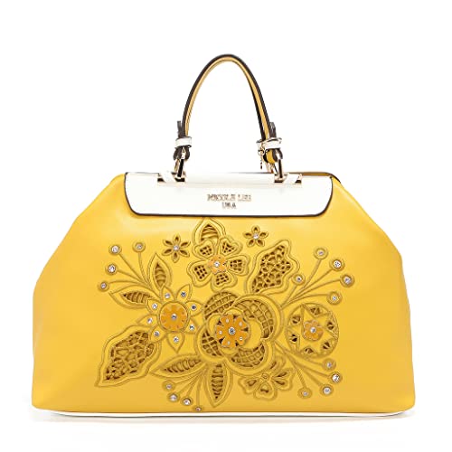 Nicole Lee Cornelia Floral Diamond Embroidered Satchel, Flower Handbag with Optional Crossbody Strap, 3 Compartments (Yellow) | The Storepaperoomates Retail Market - Fast Affordable Shopping