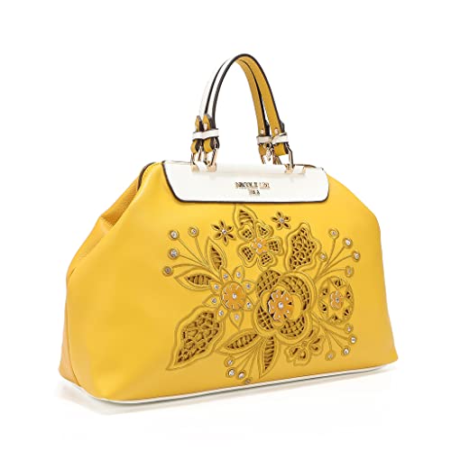 Nicole Lee Cornelia Floral Diamond Embroidered Satchel, Flower Handbag with Optional Crossbody Strap, 3 Compartments (Yellow) | The Storepaperoomates Retail Market - Fast Affordable Shopping