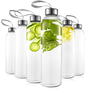 Kitchen Lux 24oz Glass Water Bottles – Pack of 6 – Nylon Protective Sleeves, Airtight Screw Top Lids, Portable Carrying Loops – Lead, PVC and BPA Free – Water, Smoothie, Juicer, and Beverage Glasses