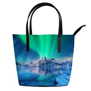 Aurora Borealis Over Snowy Mountains Starry Tote Bag for Women Leather Handbags Women’s Crossbody Handbags Work Tote Bags for Women Coach Handbags Tote Bag with Zipper.
