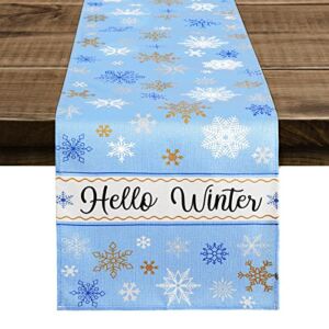 Hello Winter Snowflakes Table Runner Blue Christmas Table Runner 72 x 13 Inch Long Seasonal Holiday Tabletop Scarf Burlap Farmhouse Kitchen Table Decorations for Indoor Outdoor Xmas Party Home Dining