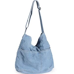 WantGor Large Tote Bag, Denim Shoulder Bag Crossbody Hobo Bags Casual Retro Canvas Bag for Women Travel Work (Blue)