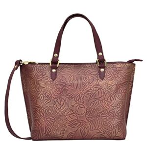Anuschka Women’s Hand Painted Genuine Leather Medium Tote – Tooled Butterfly Wine