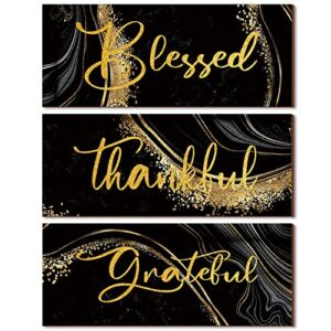 3 Pcs Thankful Grateful Blessed Wall Decor Abstract Marble Style Wall Decor Art Modern Wooden Hanging Wall Signs Plaque for Home Living Room Bedroom Family Office (Classic Style)