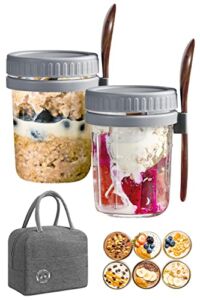 Overnight Oats Containers with Lids – 2pack Updated Design 10 oz Wide Mouth Mason Jar with Spoon Very Convenient for Use On The Go, Tight sealing glass jar ideal for home, office or to go