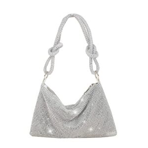 UMREN Rhinestone Hobo Bags for Women Chic Evening Handbag Sparkly Crystal Cluth Purse for Party Club Wedding Silver