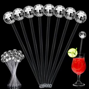 48 Pcs Mirror Disco Ball Stirrers Cocktail Disco Decorative Straws Plastic Round Top Swizzle Sticks Cake Pops Coffee Stirrers for Christmas Bachelorette 1970s Disco Party Home Bar Shop Use(Clear)