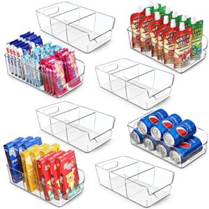 Set of 8, Stackable Clear Bins with Removable Dividers – Food Snack Organizer, Pantry Organization and Storage – Plastic Home Containers – Refrigerator, Fridge, Kitchen Cabinet Organizing Bins