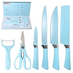 6PCS Kitchen Knife Set in Gift Box, Chef Knife, Cleaver Knife, Carving Knife, Paring Knife, Kitchen Scissors, Peeler, High Carbon Stainless Steel Blade Super Sharp, Non Stick Coating (Blue)