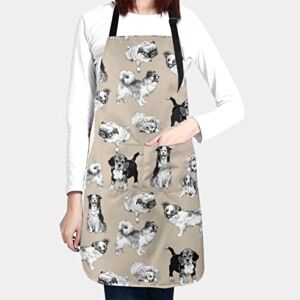 Perinsto Cute Dogs Beige Background Waterproof Apron with 2 Pockets Home Pet Animals Kitchen Chef Aprons Bibs for Cooking Baking Painting Gardening Grooming