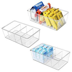 Pantry Organization, wilfox 3 Pack Clear Organizer Bins with Removable Dividers for Pantry, Kitchen, Fridge, Cabinet, Stackable Storage Bins for Snack, Pouches, Spice Packets