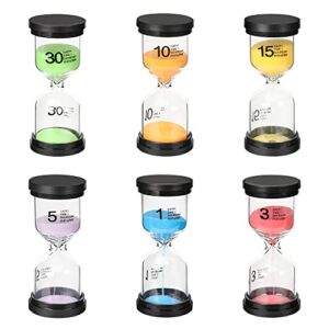 Fishat Sand Timer 6 Colors Hourglass, 1/3/5/10/15/30 Minutes Kitchen Minutes Sandglass Timer Sand Clock, 6 Pack, Kids Study Kitchen Games Home Kitchen Office Decoration (Multicolor)