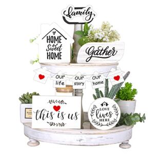 10 Pieces Farmhouse Tiered Tray Decor Wooden Rustic Decorations Home Sweet Home Family Gather Love Wood Block Our Life Our Story Table Signs for Farmhouse Home Kitchen Shelf Coffee(Classic)