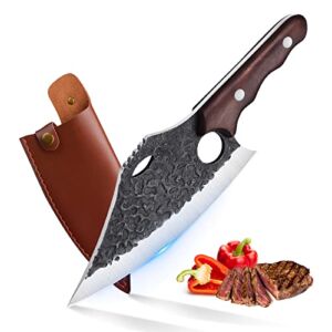 PURPLEBIRD Full Tang Meat Cleaver Heavy Duty Chef Knife,Carbon Steel Hand Forged Caveman Outdoor Knife,Butcher Knife with Sheath for Kitchen,BBQ, Camping, Gift