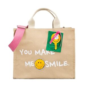 Dormencir Handbags for Women Canvas Crossbody Bag Tote Smile Face Letter YOU MAKE ME SMILE Contrast Color Patchwork for Work Travel (Beige)
