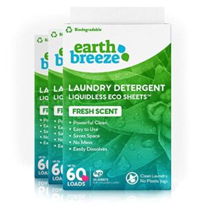 Earth Breeze – Liquid-less Laundry Detergent Sheets – Fresh Scent – No Plastic Jug (180 Loads) 90 Sheets (Pack of 3)