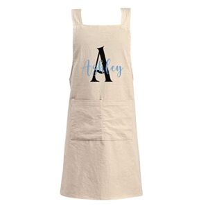 Customized Apron with Initial and Name for Women Men Custom Two Pockets Gift Christmas Housewarming Cross Back Cooking Cotton Linen No Tie Cozy X Shape Home Kitchen, Khaki, Adult